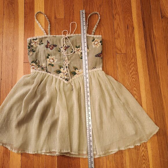 Cider Green Floral Tapestry Butterfly Corset Dress, Flowy Skirt, Fairycore Sz L - Picture 11 of 13